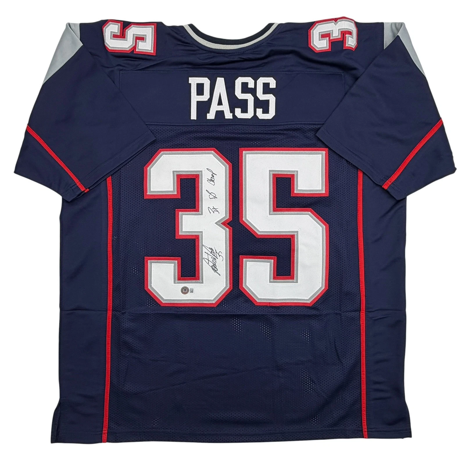 Autographed/Signed Patrick Pass 3x SB Champ New England Blue Jersey Beckett COA