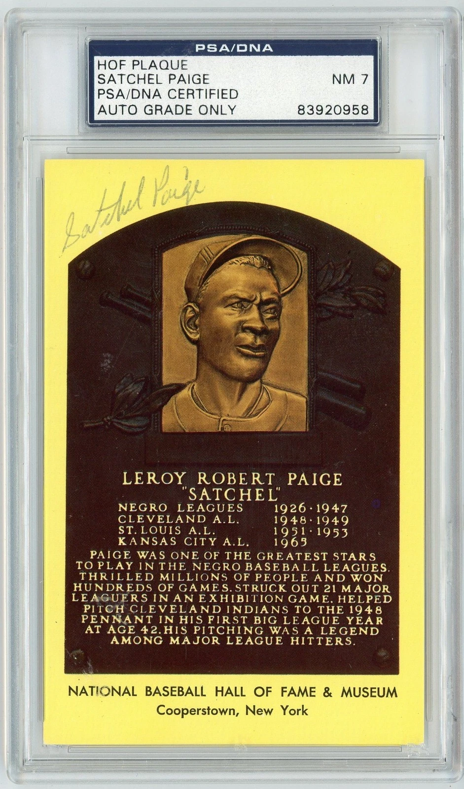 Graded Baseball Hall of Fame Plaque Satchel Paige Signed Auto Postcard PSA 7