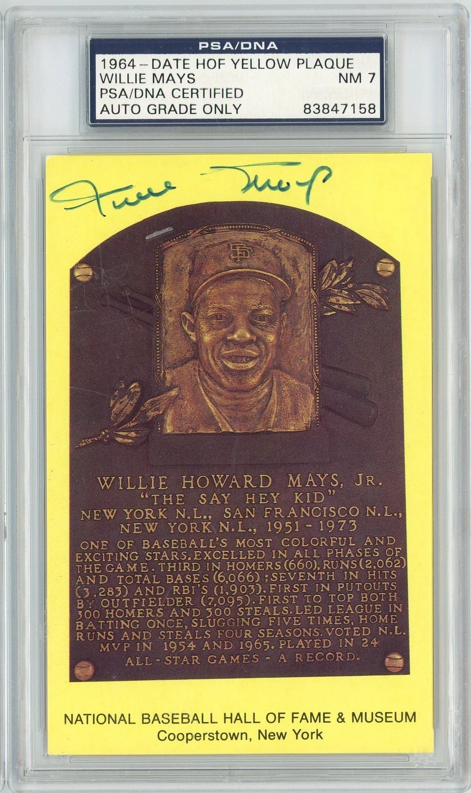 Graded Baseball Hall of Fame Plaque Willie Mays Signed Auto Postcard PSA 7