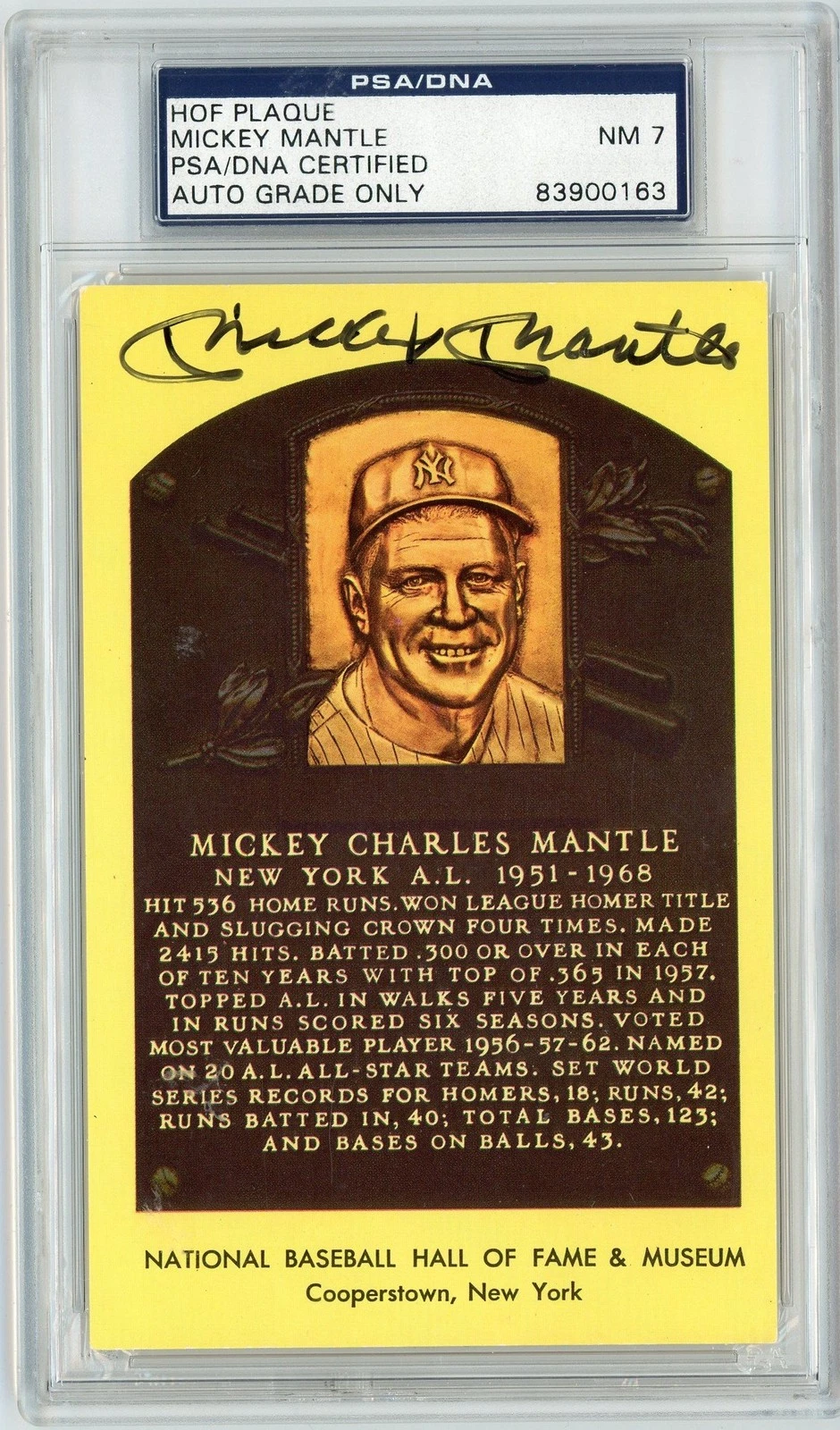 Graded Baseball Hall of Fame Plaque Mickey Mantle Signed Auto Postcard PSA 7