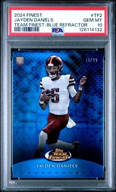Graded 2024 Topps Finest Jayden Daniels TF2 /99 Blue Refractor RC PSA 10
