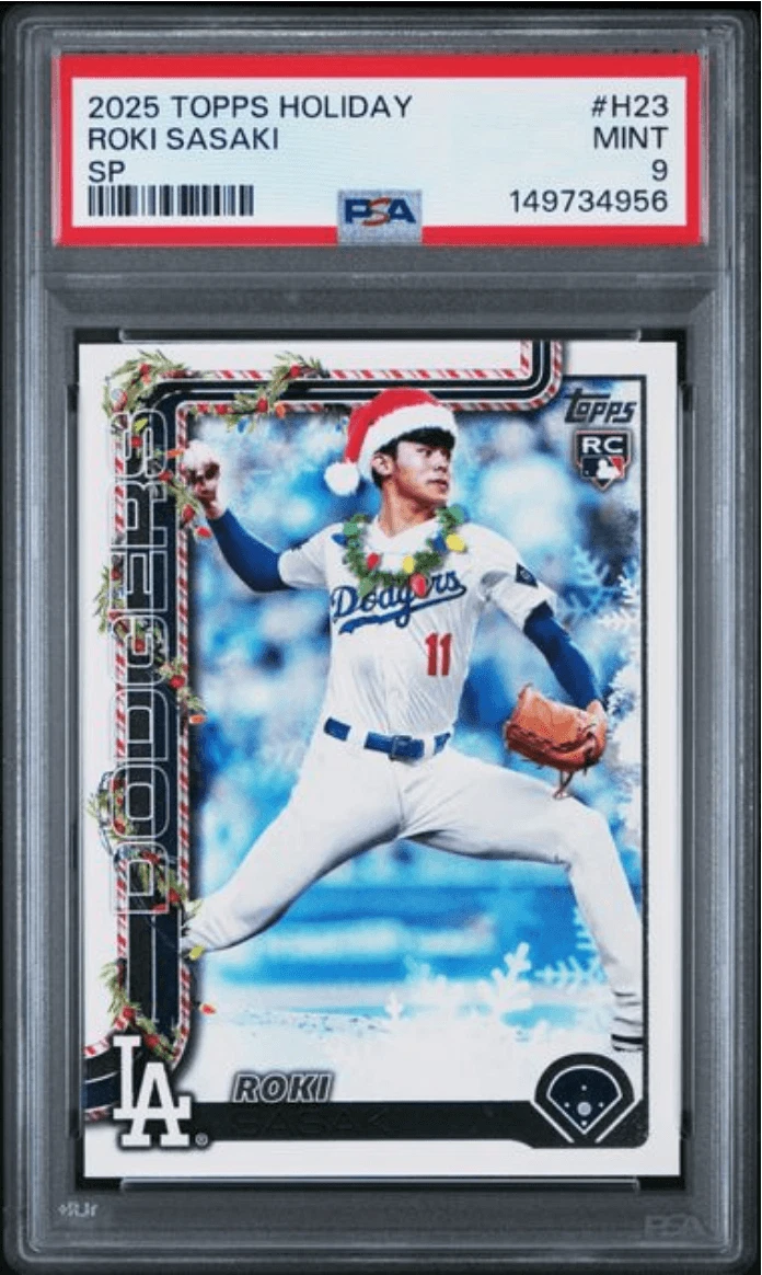 Graded 2025 Topps Holiday Roki Sasaki #H23 SP Rookie RC Baseball Card PSA 9 Mint