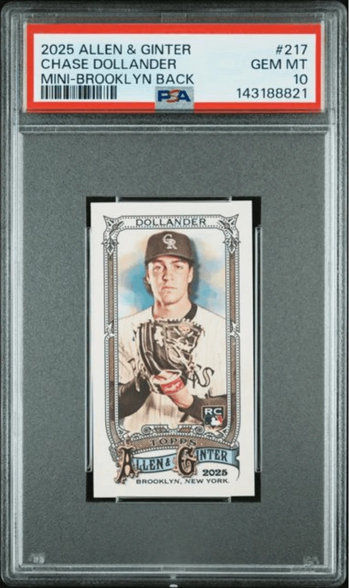 Graded 2025 Topps A&G Chase Dollander #217 Mini /25 RC Baseball Card PSA 10