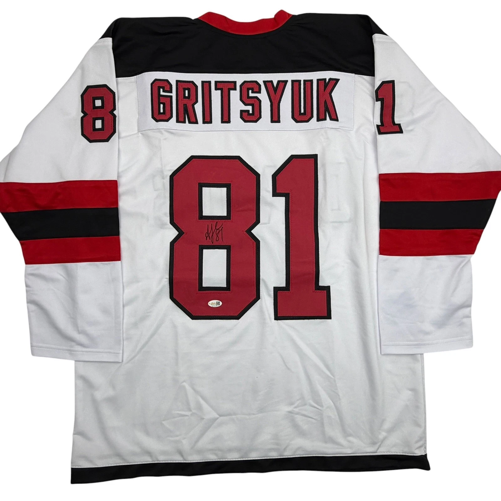Autographed/Signed Arseni Gritsyuk New Jersey NJ White Hockey Jersey JSA COA