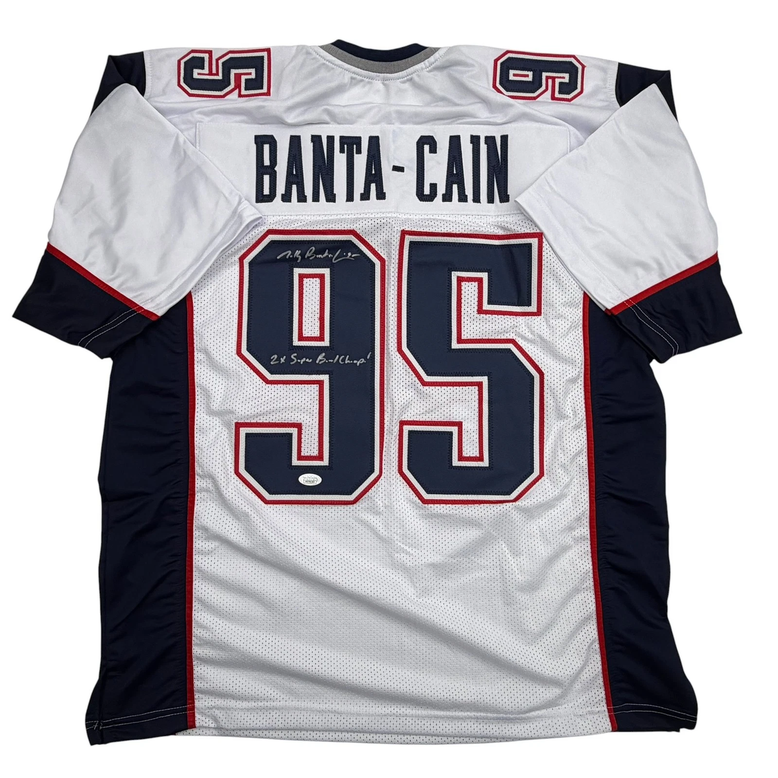 Autographed/Signed Tully Banta-Cain New England White Football Jersey JSA COA