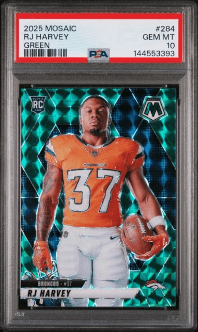 Graded 2025 Panini Mosaic RJ Harvey #284 Green Rookie RC Football Card PSA 10