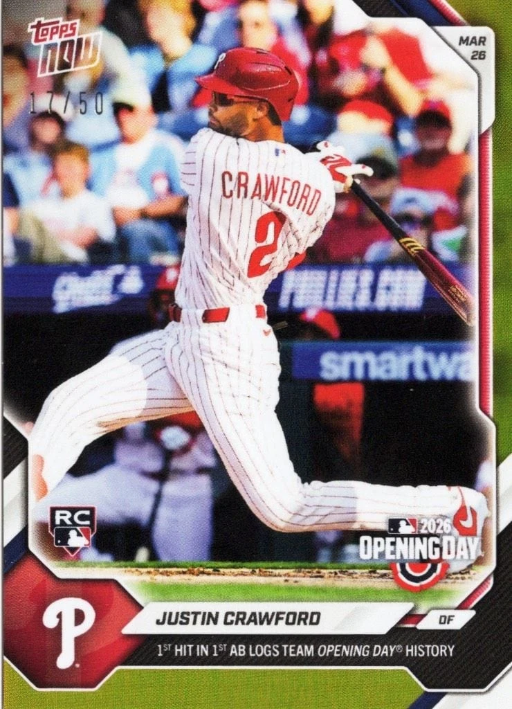 2026 Topps Now Justin Crawford #9 Gold Foil /50 Rookie RC Baseball Card