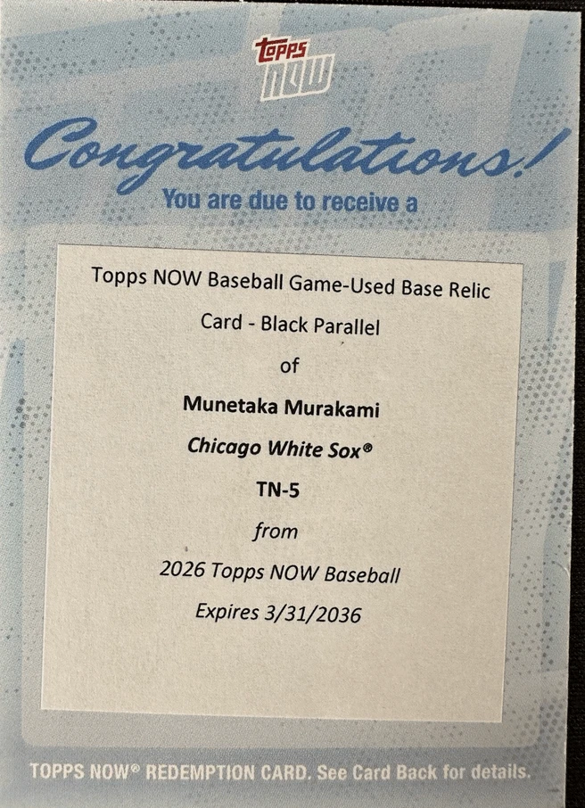 2026 Topps Now Munetaka Murakami #5 Black Base Relic /10 RC Redemption Card