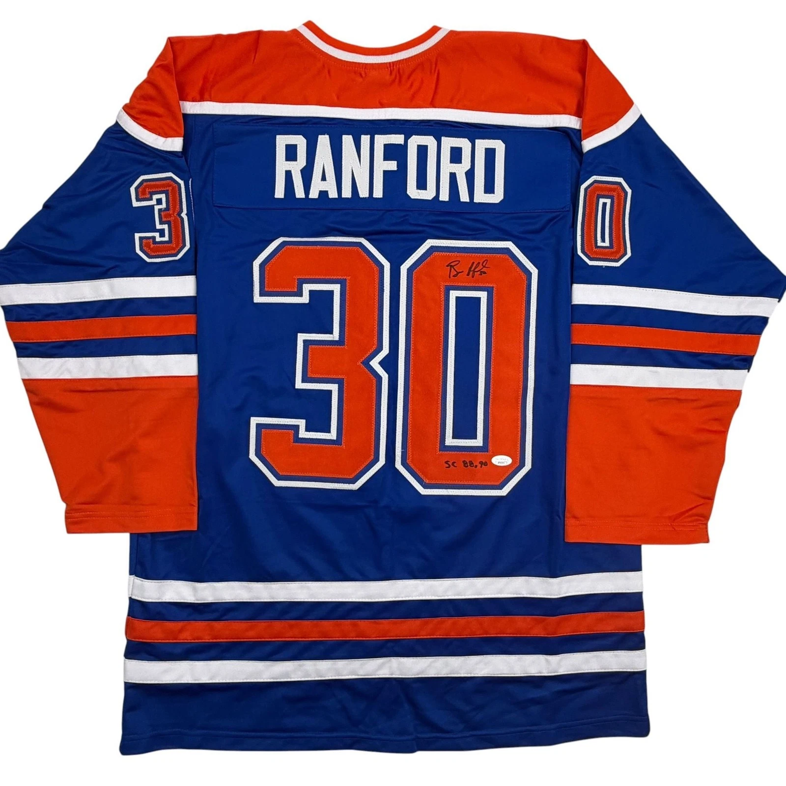 Autographed/Signed Bill Ranford Edmonton Blue Hockey Jersey JSA COA