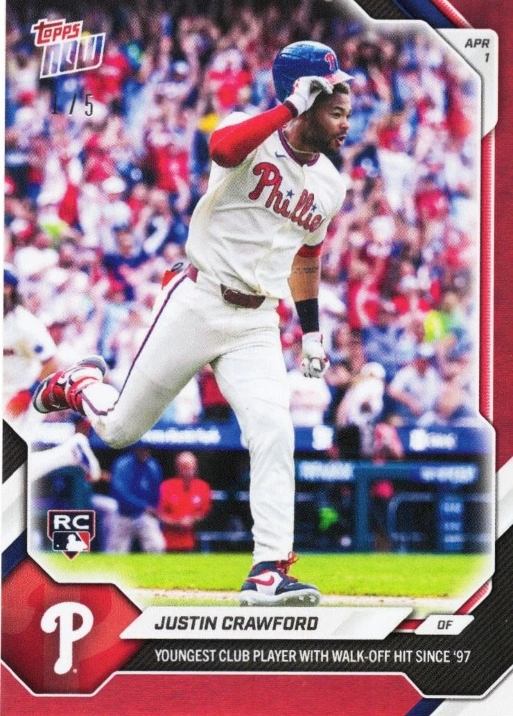 2026 Topps Now Justin Crawford #39 Red Foil /5 Rookie RC Baseball Card