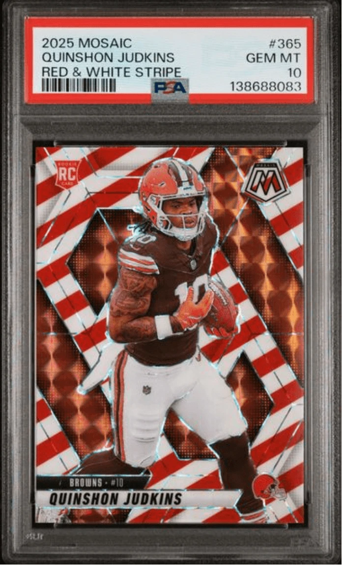 Graded 2025 Panini Mosaic Quinshon Judkins #365 Red & White Rookie Card PSA 10