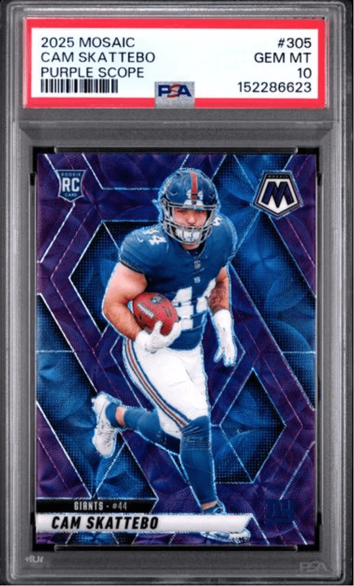 Graded 2025 Panini Mosaic Cam Skattebo #305 Purple Scope RC Football Card PSA 10