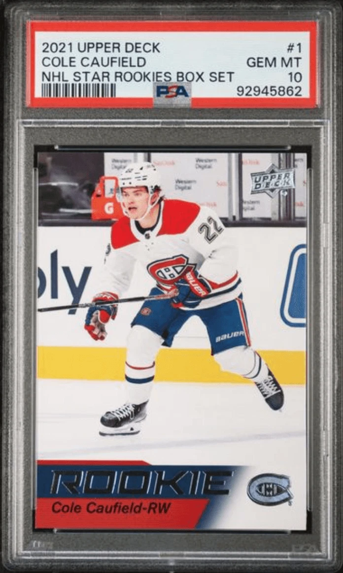 Graded 2021 UD Cole Caufield #1 NHL Star Rookies Box Set RC Hockey Card PSA 10