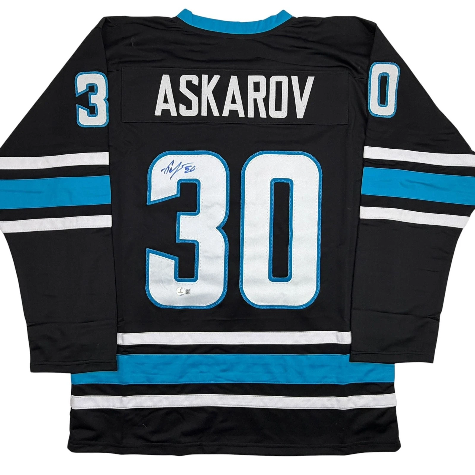 Autographed/Signed Yaroslav Askarov San Jose Black Hockey Jersey Beckett BAS COA