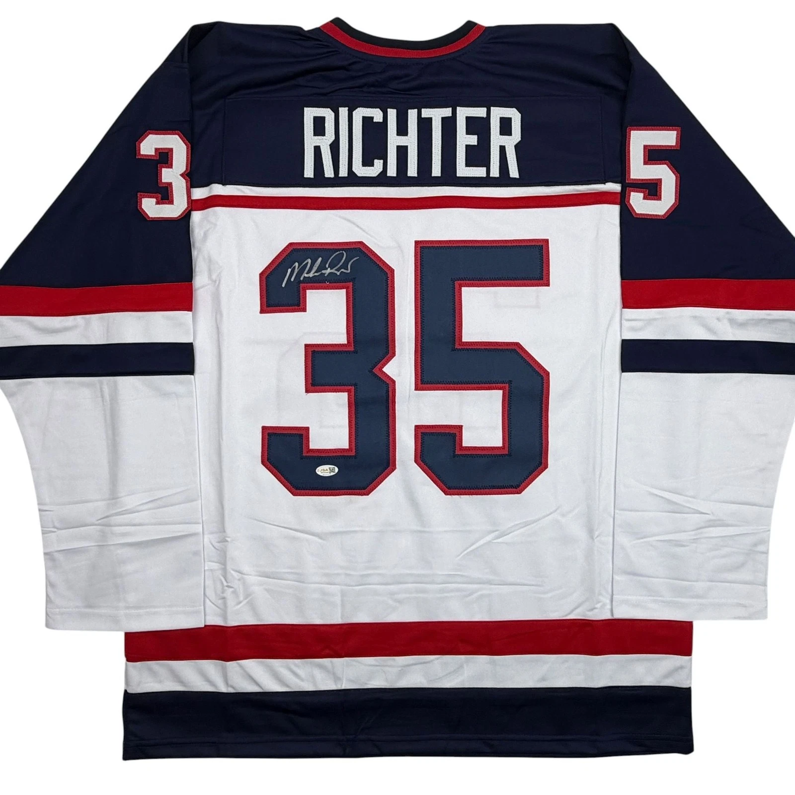 Autographed/Signed Mike Richter USA United States White Hockey Jersey JSA COA