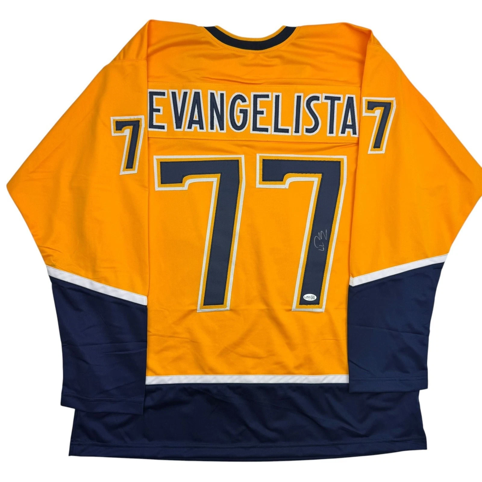 Autographed/Signed Luke Evangelista Nashville Yellow Hockey Jersey JSA COA
