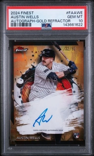 Graded 2024 Topps Finest Austin Wells FAAWE /50 Gold Refractor Auto PSA 10