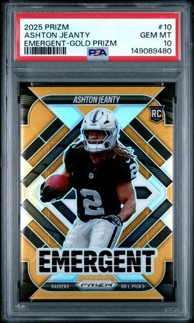 Graded 2025 Panini Prizm Ashton Jeanty #10 /10 Emergent Gold Prizm RC PSA 10