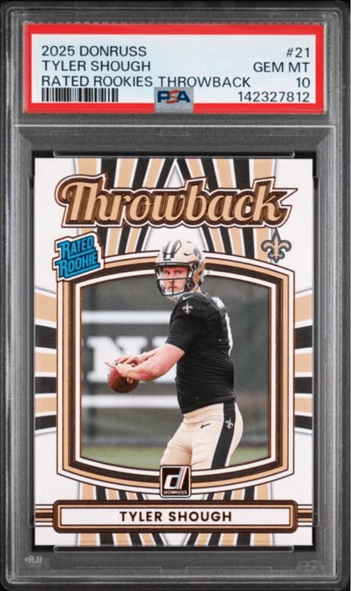 Graded 2025 Donruss Tyler Shough #21 Rated Rookie Throwback Football Card PSA 10