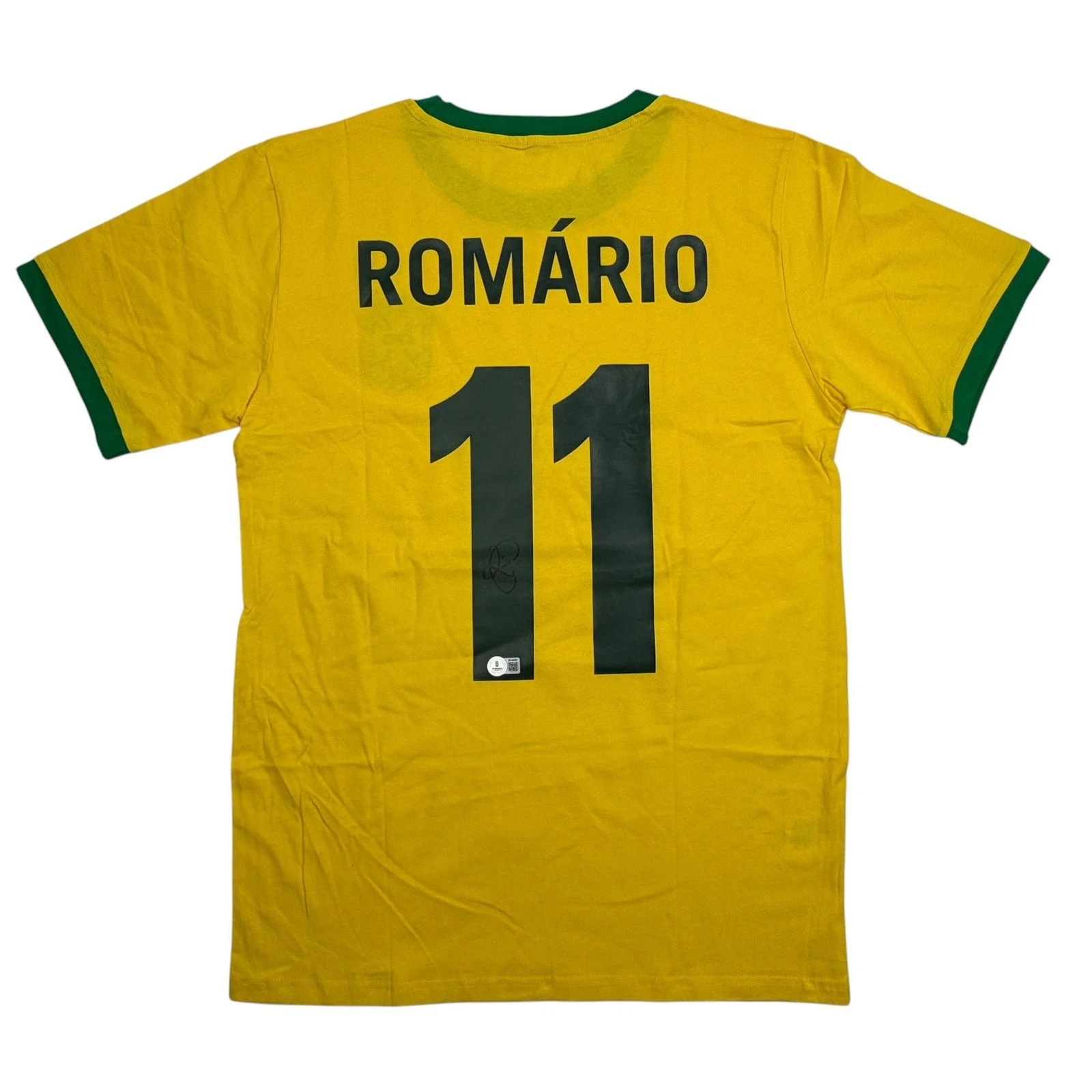 Autographed/Signed Romario Brazil Yellow Soccer Futbol Jersey Beckett BAS COA