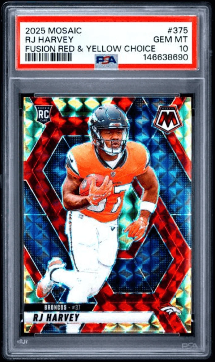 Graded 2025 Mosaic RJ Harvey #375 Fushion Red/Yellow /89 RC Football Card PSA 10