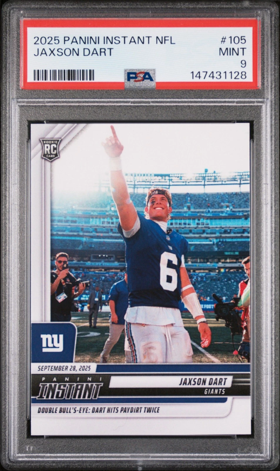 Graded 2025 Panini Instant Jaxson Dart #105 Rookie RC Football Card PSA 9 Mint
