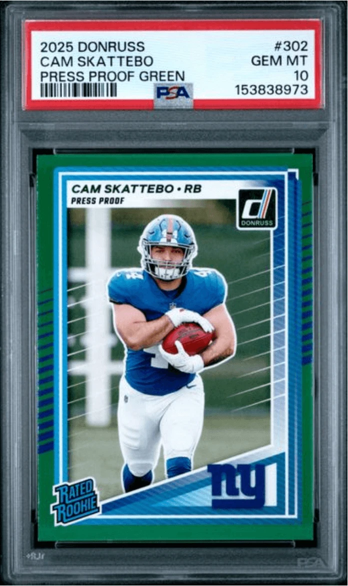 Graded 2025 Donruss Cam Skattebo #302 Press Proof Green RC Football Card PSA 10