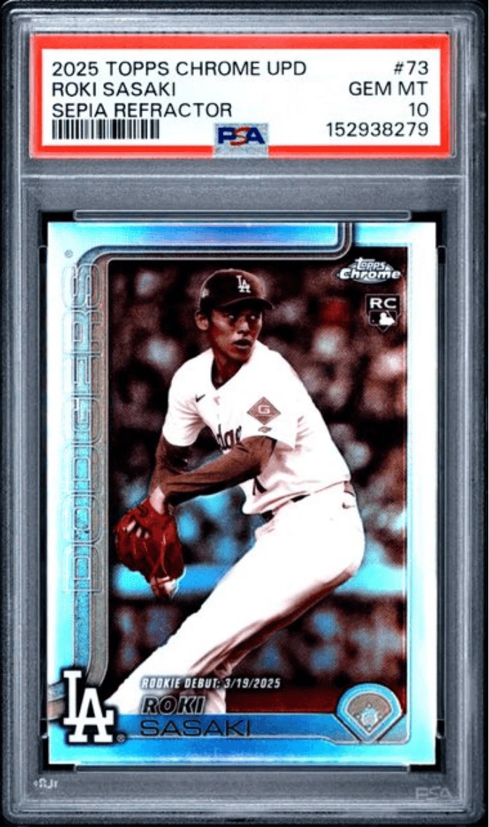Graded 2025 Topps Chrome UPD Roki Sasaki #73 Sepia Refractor RC Card PSA 10
