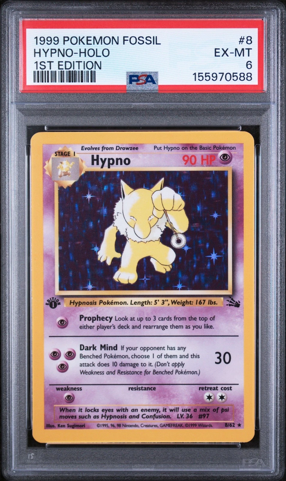 Graded 1999 Pokemon Fossil Hypno-Holo #8 1st Edition Card PSA 6 Excellent