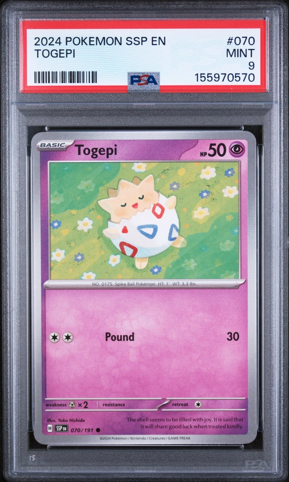 Graded 2024 Pokemon Ssp En-Surging Sparks Togepi #070 Card PSA 9 Mint