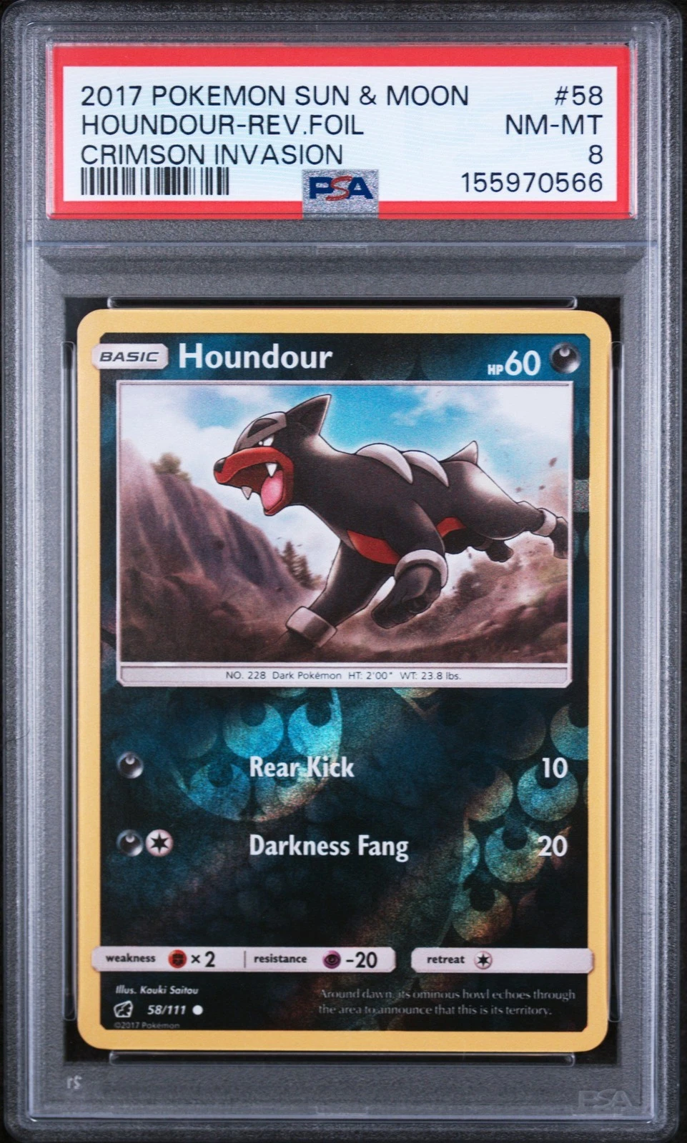 Graded 2017 Pokemon S&M Crimson Invasion Houndour-Rev.Foil #58 Card PSA 8