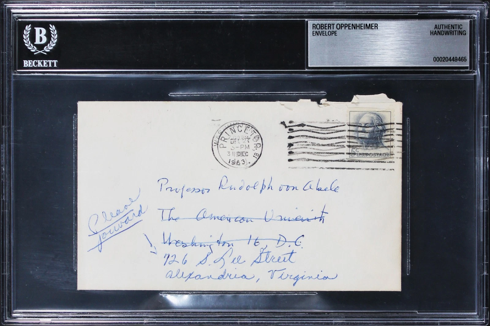 Robert Oppenheimer Authentic 3.5x6 1963 Envelope Handwriting Sample BAS Slabbed