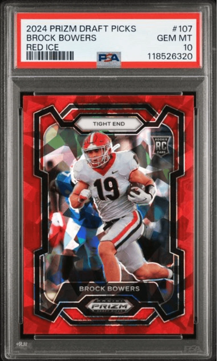 Graded 2024 Prizm DP Brock Bowers #107 Red Ice Rookie Football Card PSA 10
