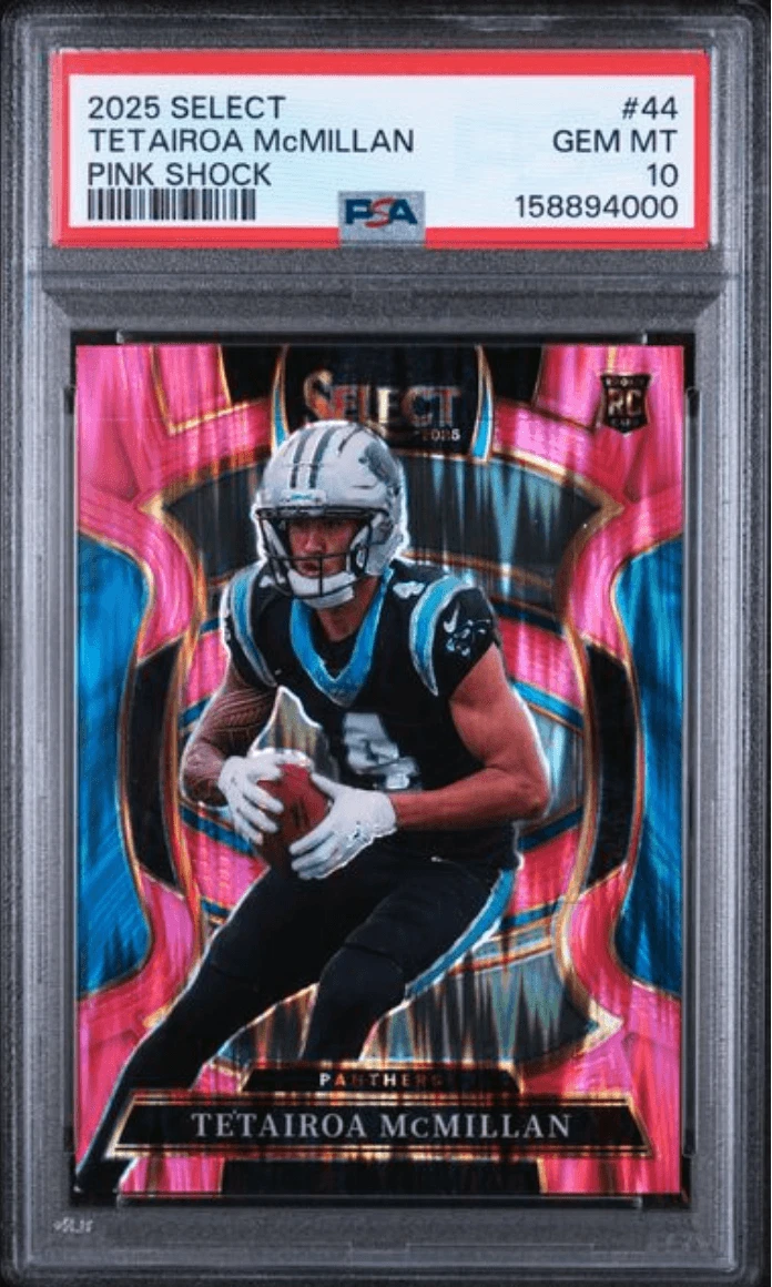 Graded 2025 Select Tetairoa McMillan #44 Pink Shock RC Football Card PSA 10