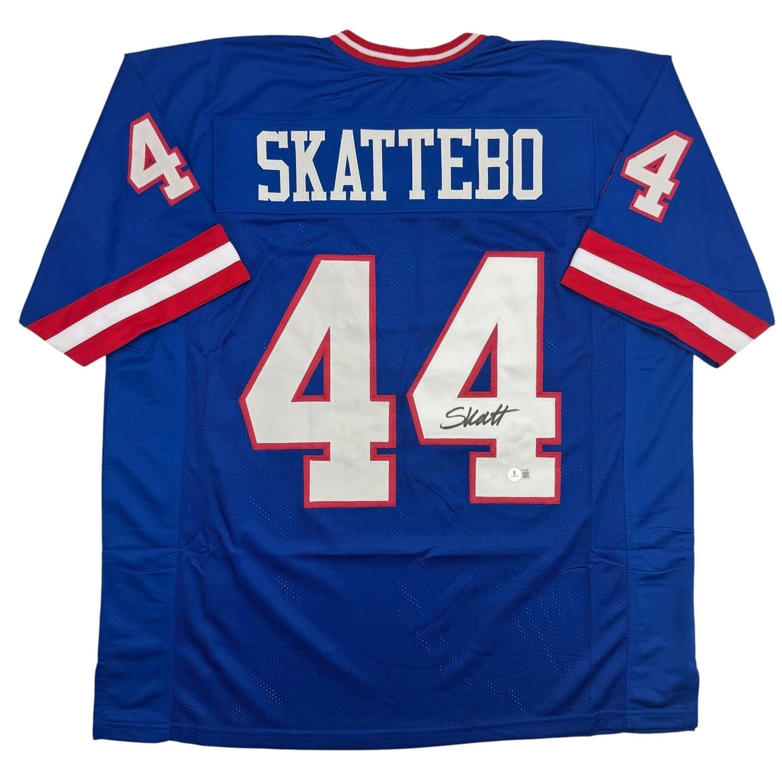 Autographed/Signed Cam Skattebo New York Blue Retro Football Jersey BAS COA