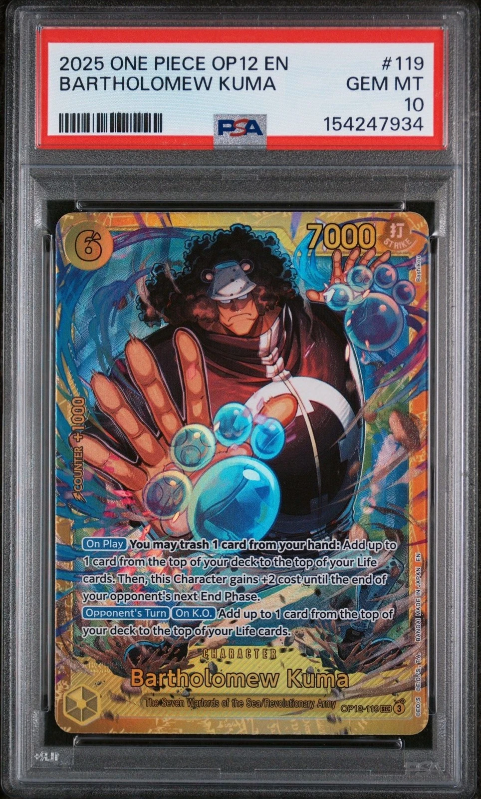 Graded 2025 One Piece Bartholomew Kuma 119 Trading Card PSA 10 Gem Mint