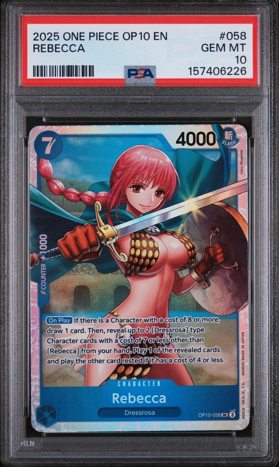 Graded 2025 One Piece Rebecca 058 OP10 Trading Card Game PSA 10 Gem Mint