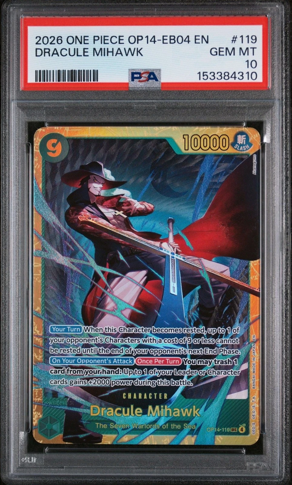 Graded 2026 One Piece Dracule Mihawk 119 Trading Card Game PSA 10 Gem Mint