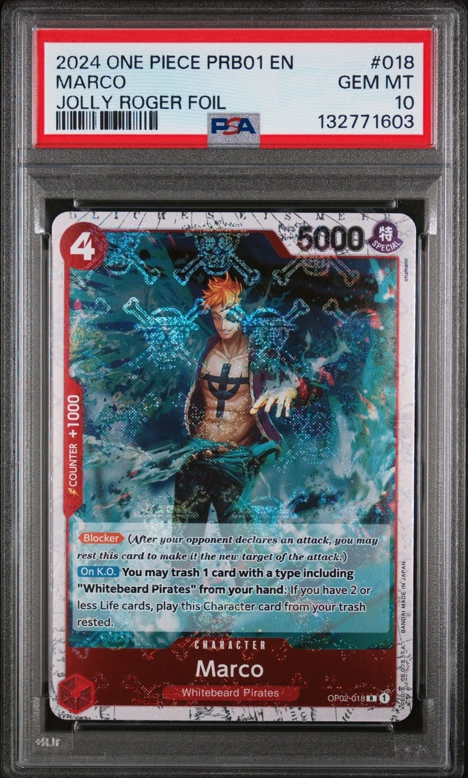 Graded 2024 One Piece Marco 018 Jolly Roger Foil Card PSA 10 Gem Mint