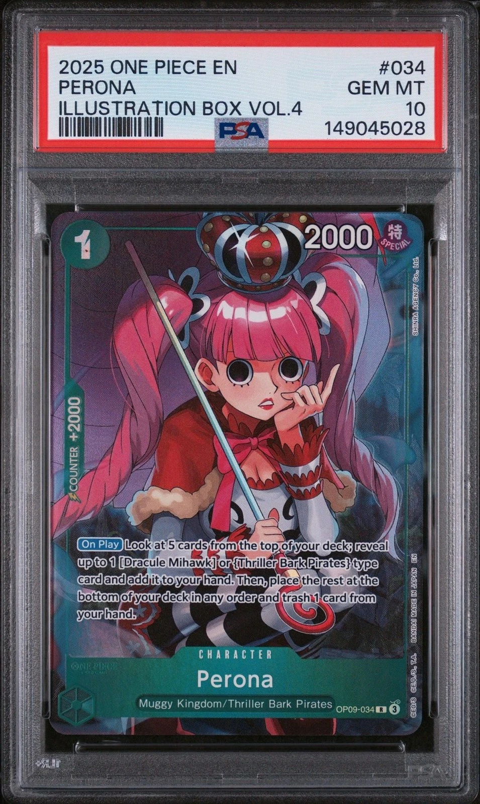 Graded 2025 One Piece Perona #034 OP09 Trading Card Game PSA 10 Gem Mint