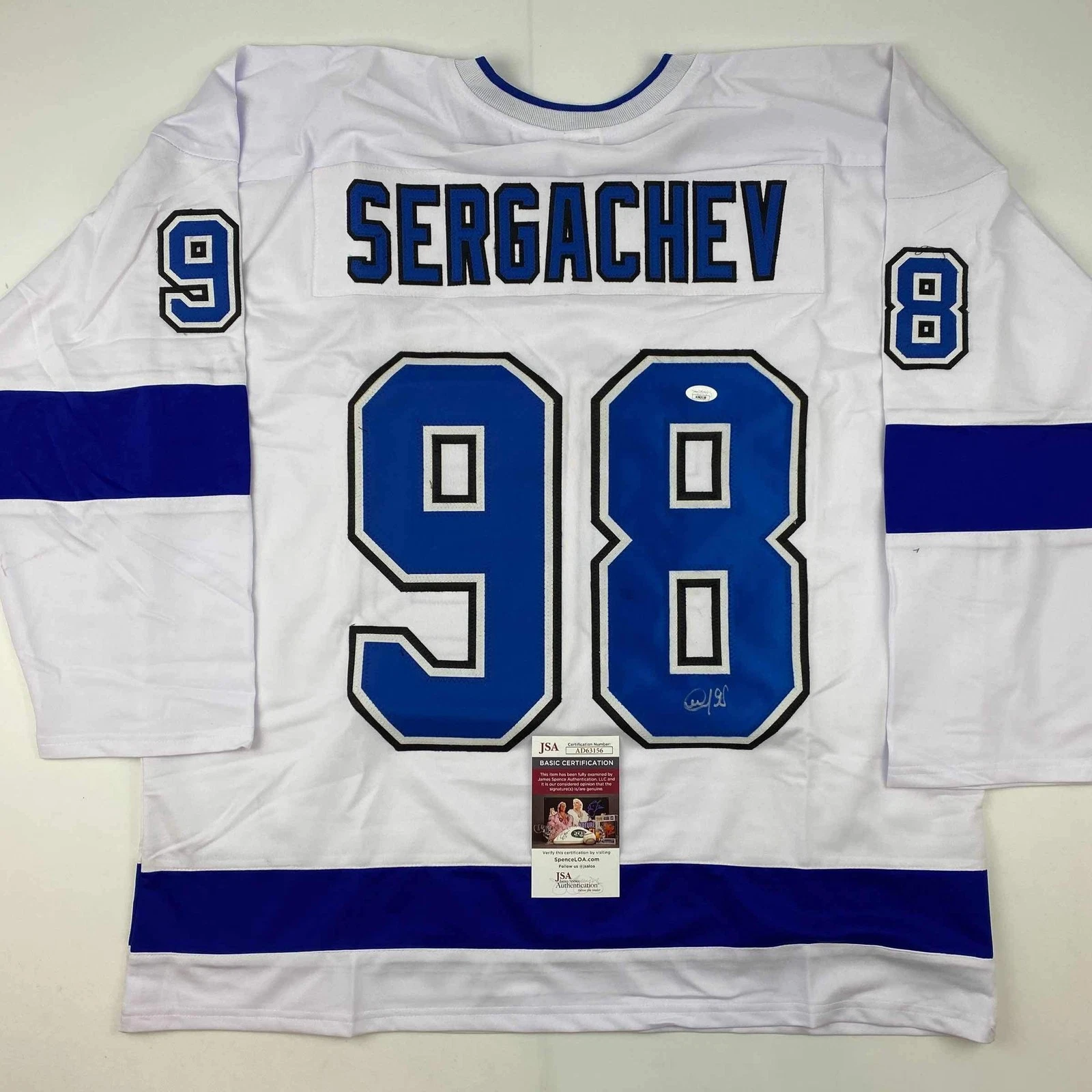 Autographed/Signed Mikhail Sergachev Tampa Bay White Hockey Jersey JSA COA