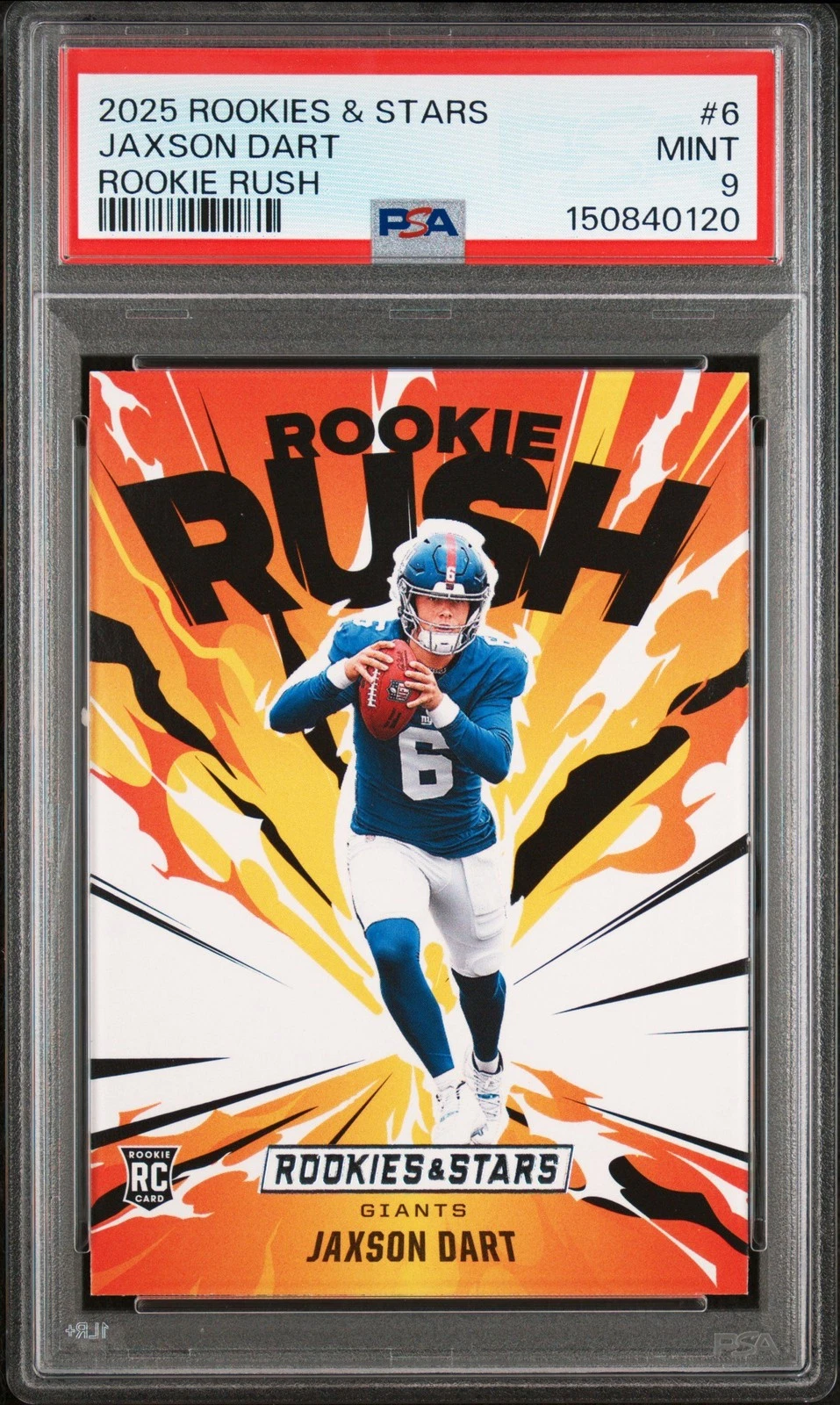 Graded 2025 Panini R&S Jaxson Dart #6 Rookie Rush RC Football Card PSA 9