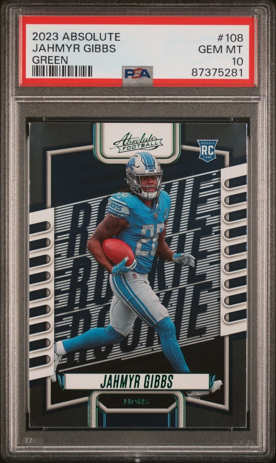 Graded 2023 Panini Absolute Jahmyr Gibbs #108 Green Rookie RC Card PSA 10