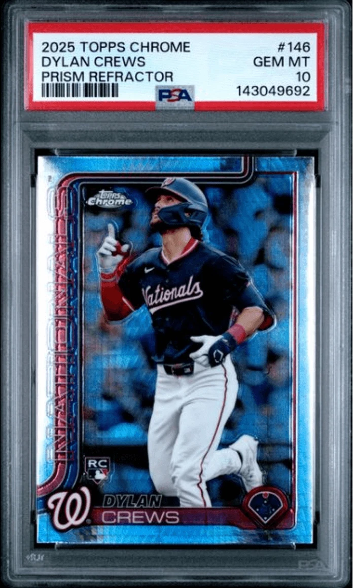 Graded 2025 Topps Chrome Dylan Crews #146 Prism Refractor RC Card PSA 10