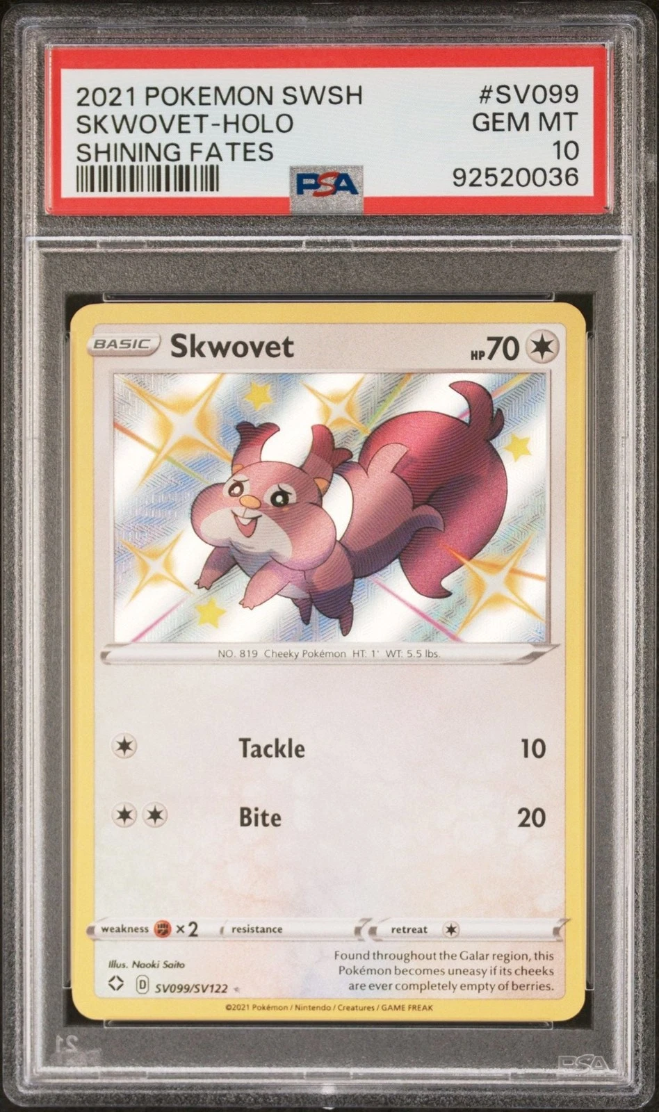 Graded 2021 Pokemon Skwovet #SV099 Holo SWSH Trading Card PSA 10 Gem Mint