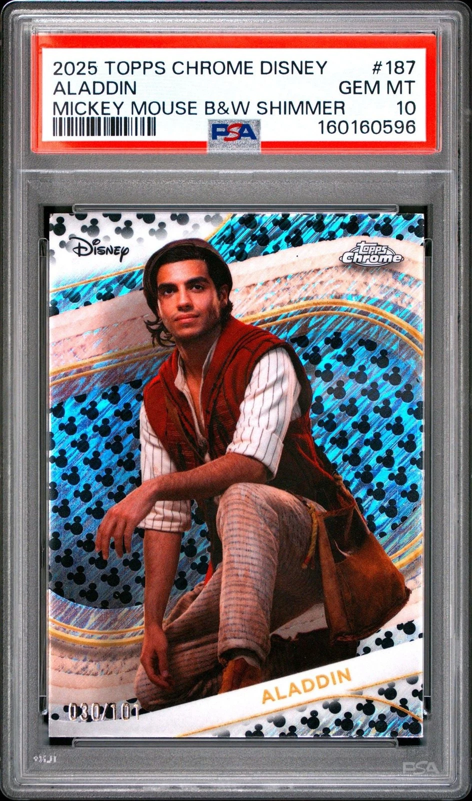 Graded 2025 Topps Chrome Disney Aladdin #187 B&W Shimmer/101 Card PSA 10