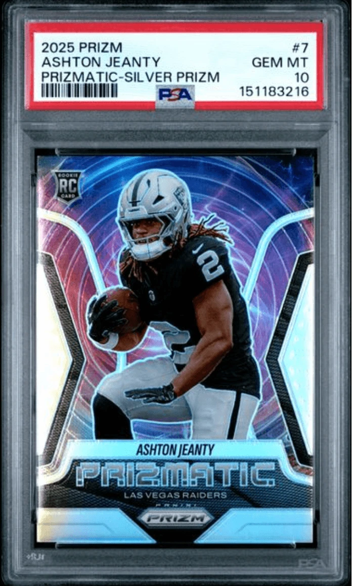 Graded 2025 Prizm Ashton Jeanty #7 Prizmatic Silver RC Football Card PSA 10