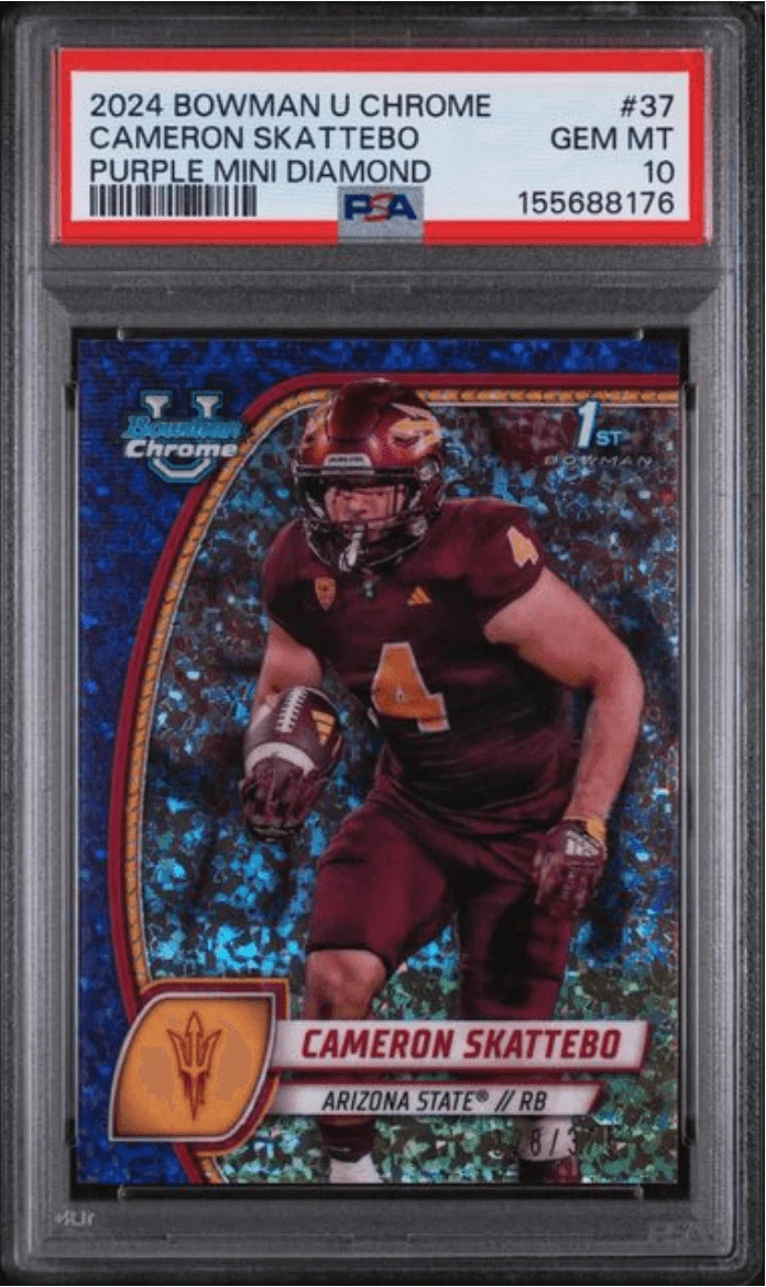 Graded 2024 Bowman U Chrome Cam Skattebo #37 Purple Diamond /375 RC PSA 10