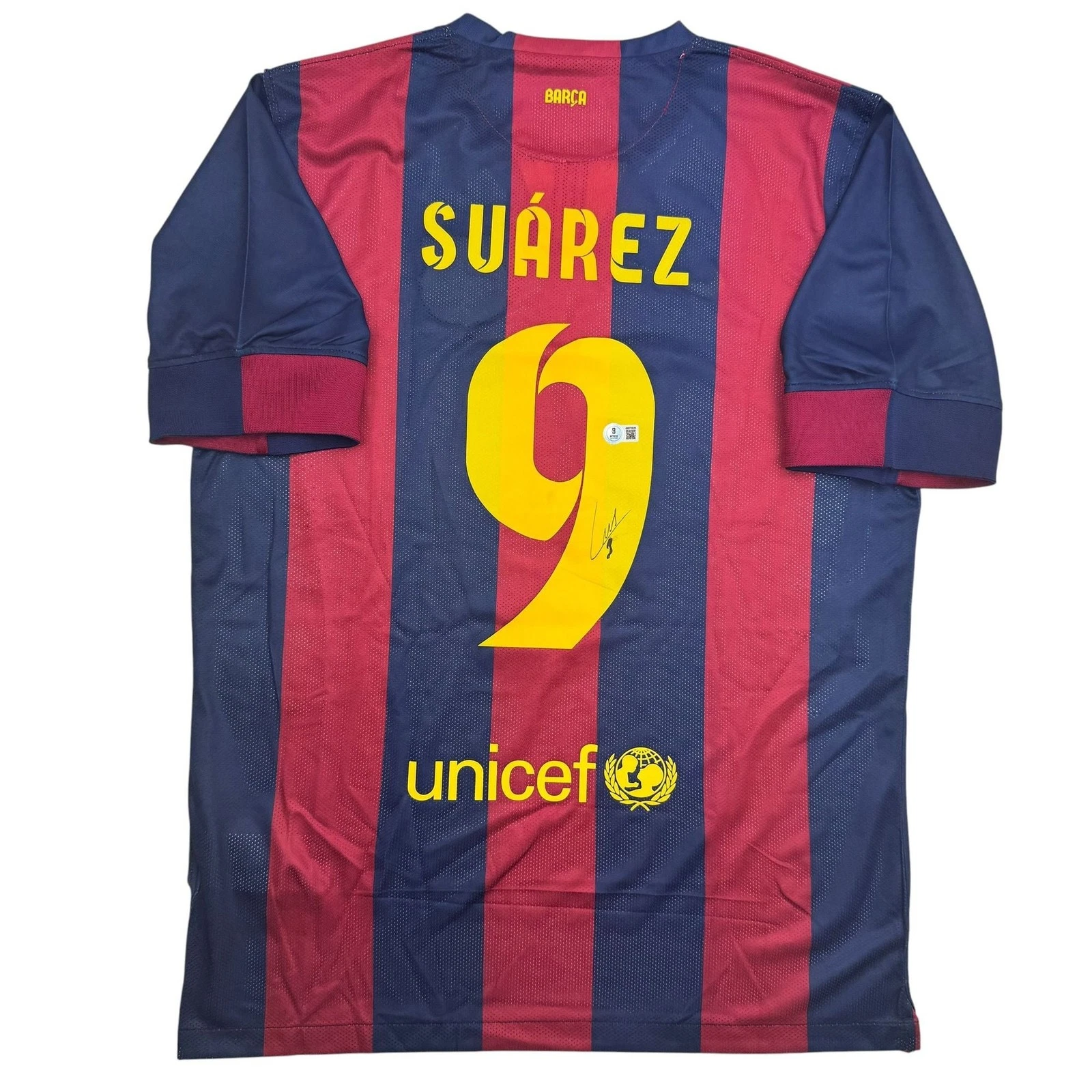 Autographed/Signed Luis Suarez FC Barcelona Blue/Red Soccer Jersey BAS COA