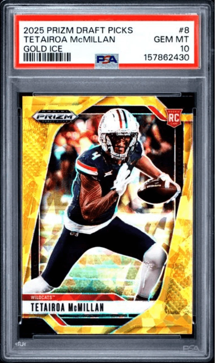 Graded 2025 Prizm DP Tetairoa McMillan #8 Gold Ice RC Football Card PSA 10